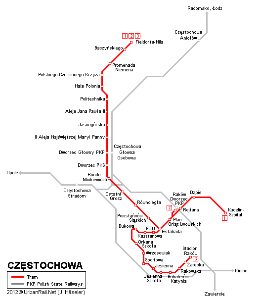 Polonya – Çestohova Tramvay Hattı ve Güzergah Haritası