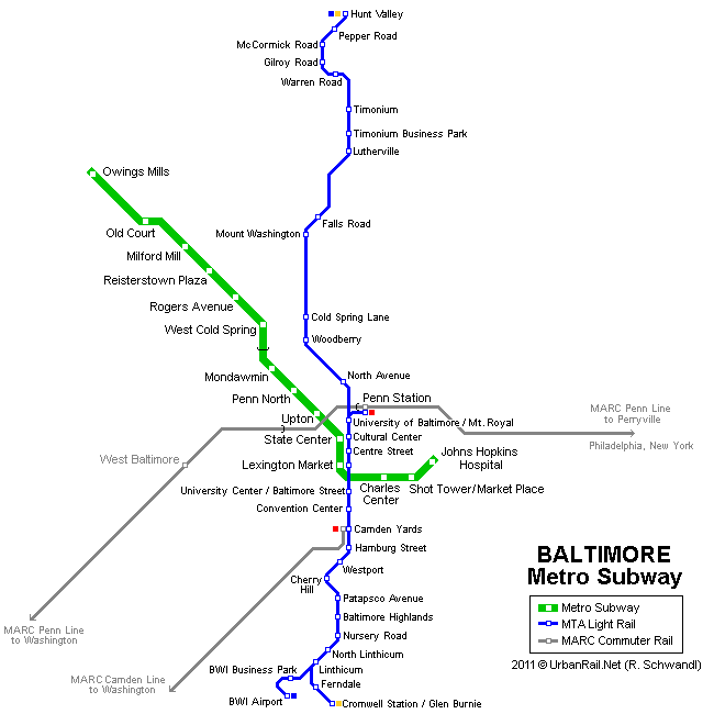 ABD - Baltimore Metrosu Güzergahı Haritası