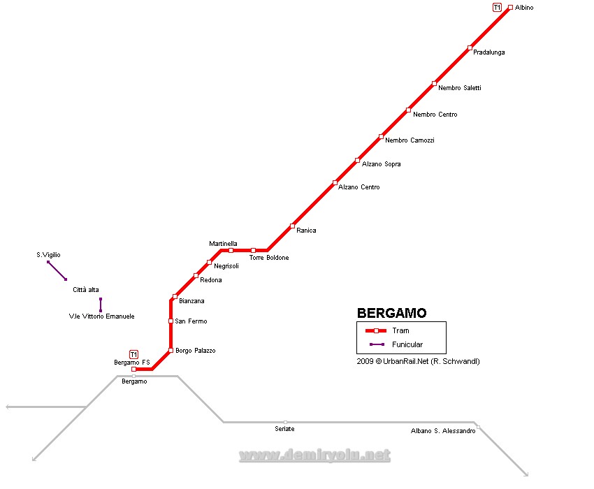 İtalya - Bergamo Tramvayı Güzergahı Haritası