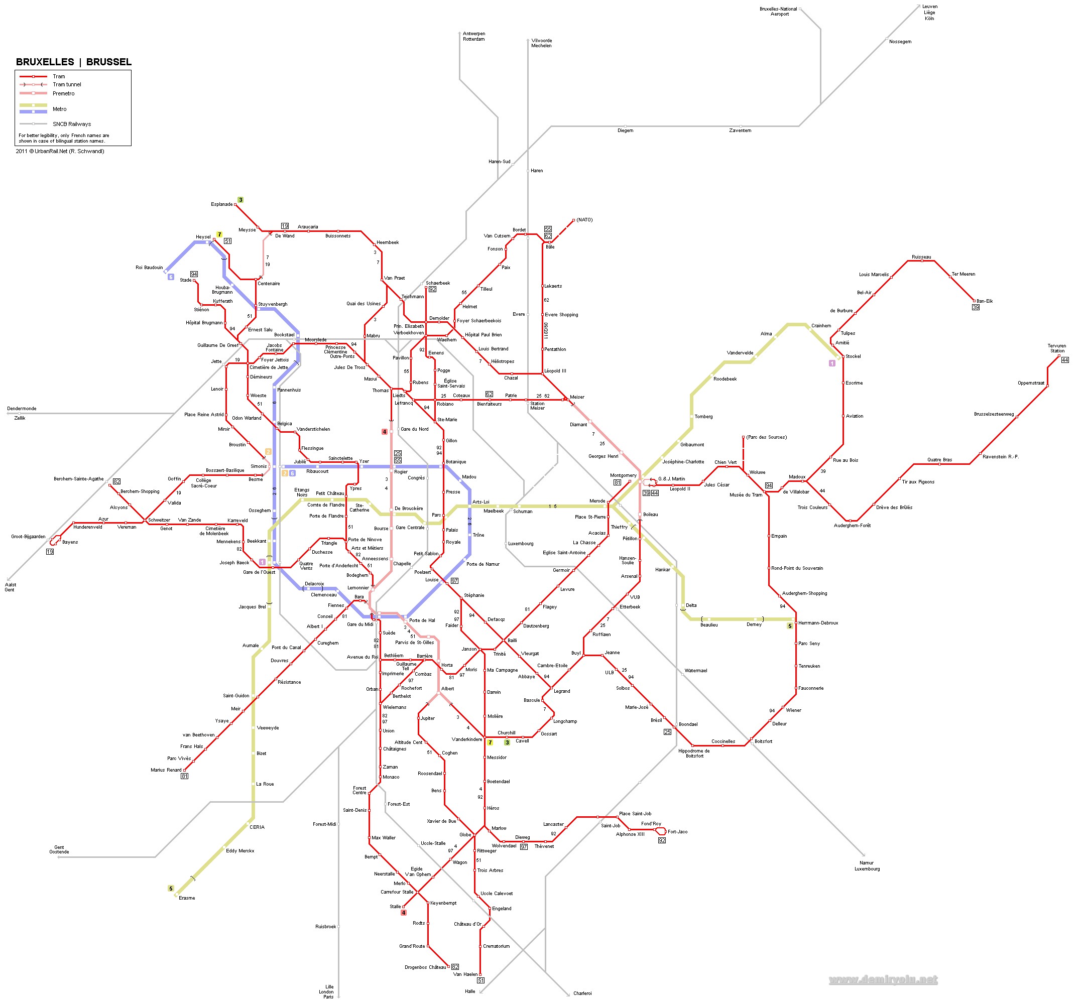 Belçika - Brüksel Metrosu ve Tramvayı Güzergah Haritası