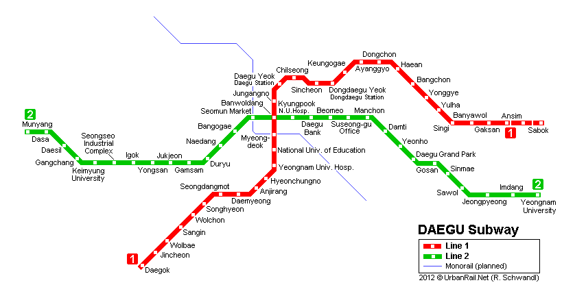 Güney Kore - Daegu Metro Hattı ve Güzergah Haritası