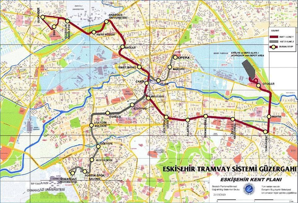 Türkiye - Eskişehir (Estram) Tramvay Hattı ve Güzergah Haritası