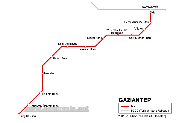 Türkiye - Gaziantep Tramvay Hattı ve Güzergah Haritası