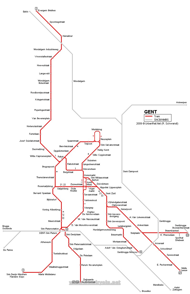 Belçika - Gent Tramvay Hattı ve Güzergah Haritası