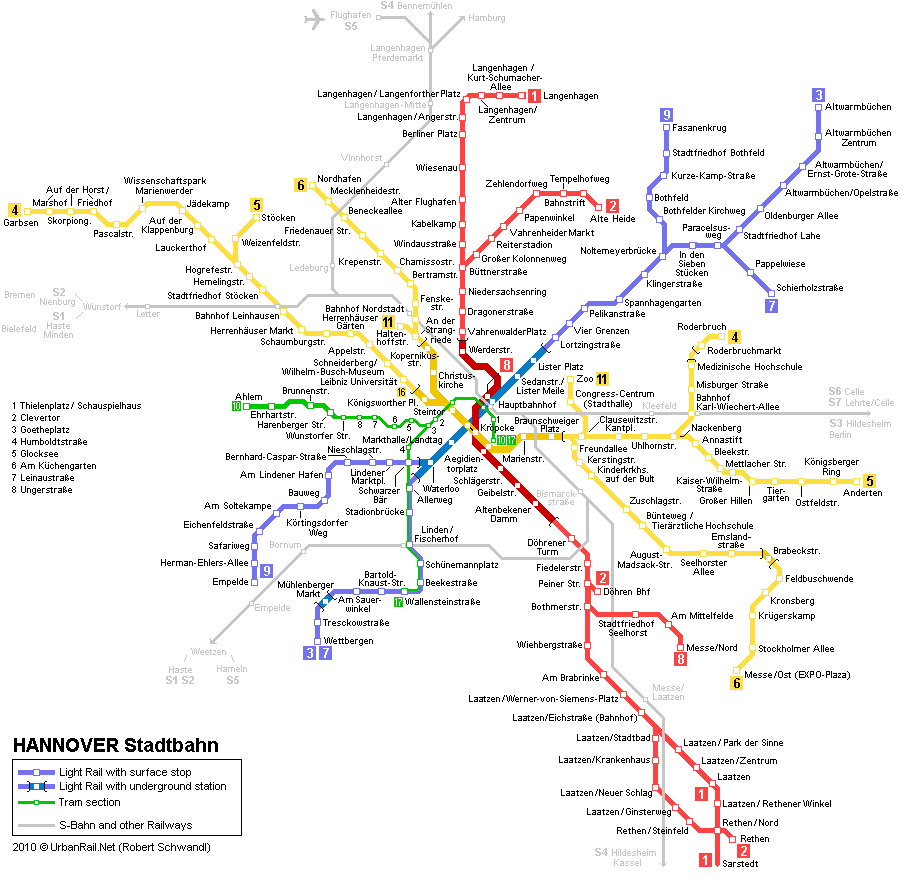 Almanya - Hannover Metro ve Tramvay Hattı ve Güzergah Haritası