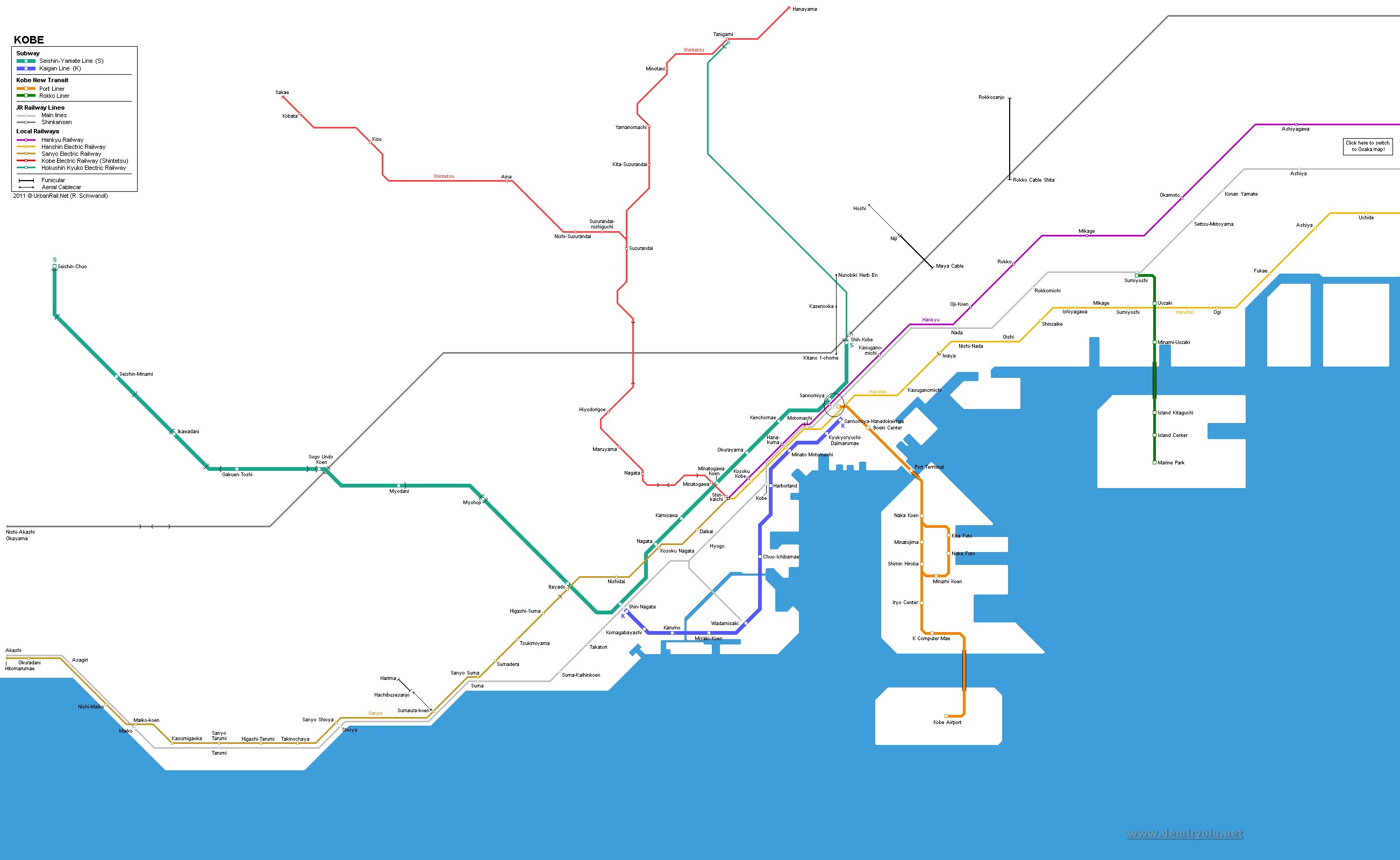 Japonya - Kobe  Raylı Sistemler Hatları ve Güzergah Haritası