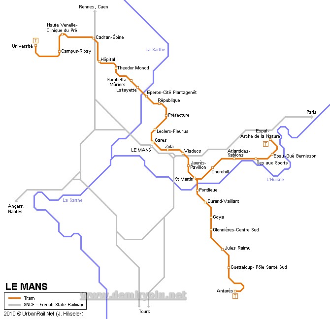 Fransa - Le Mans Tramvay Hattı ve Güzergah Haritası