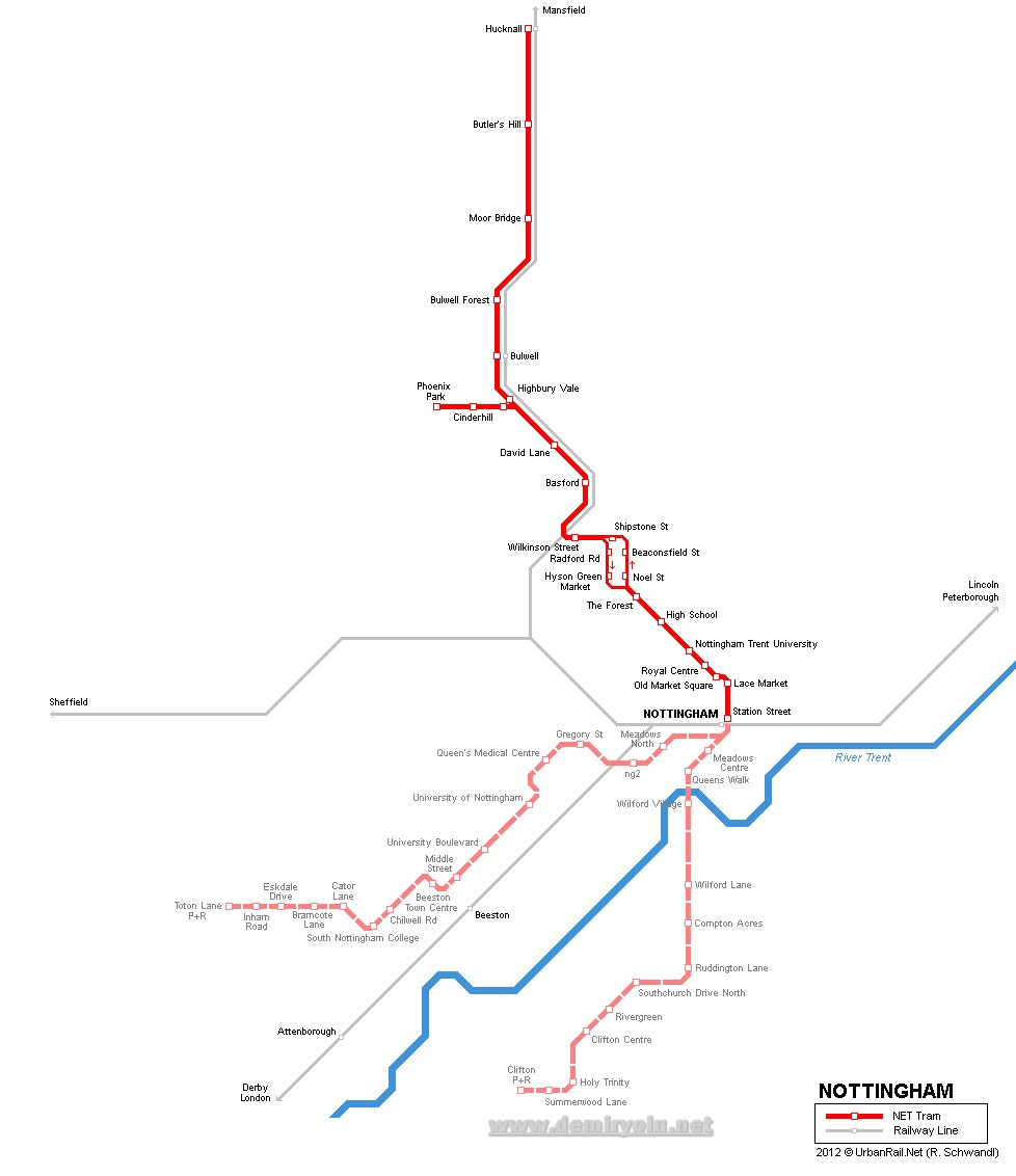 İngiltere - Nottingham Tramvay Hattı ve Güzergah Haritası