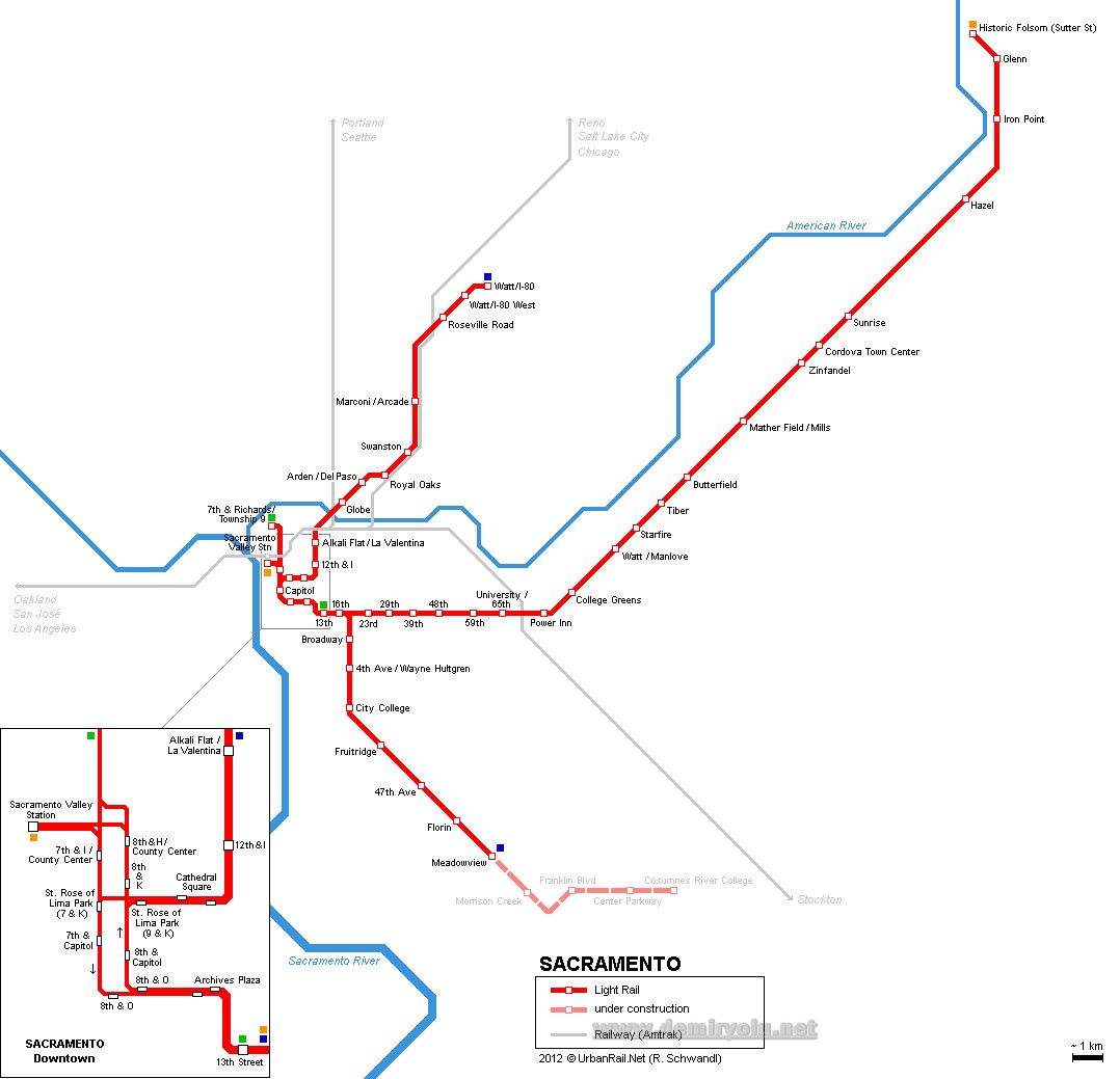 ABD - Sacramento Metrosu Hatları ve Güzergah Haritası