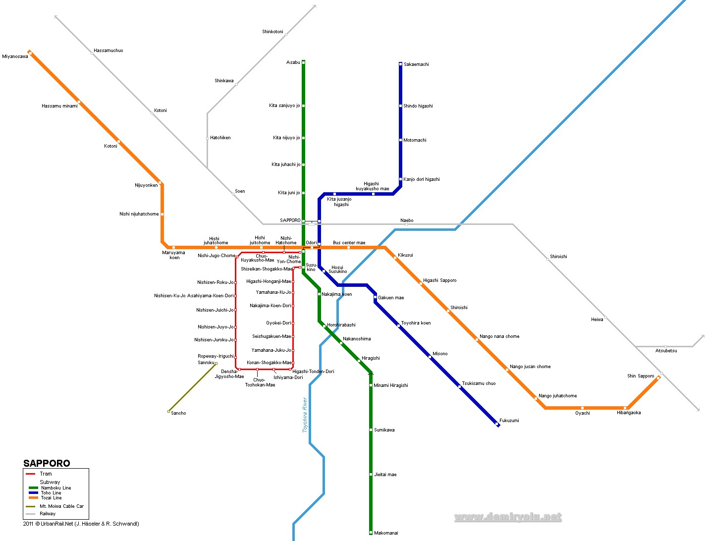 Japonya - Sapporo Metro-Tramvay Hattı ve Güzergahı Haritası