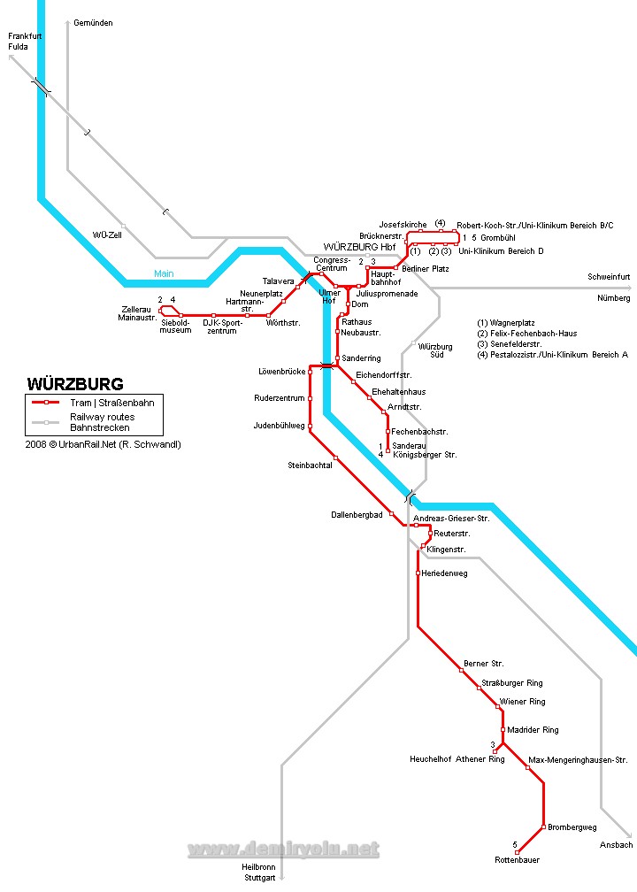 Almanya - Würzburg Tramvay Hattı ve Güzergah Haritası
